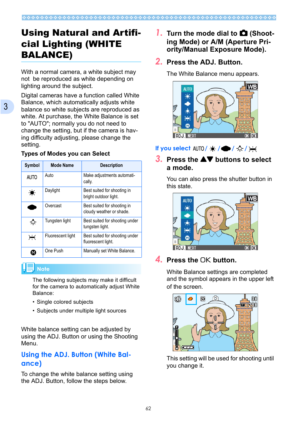 Using the adj. button (white balance), P.62, 62, and p | Ee p.62), E p.62 | Ricoh Caplio GX User Manual | Page 62 / 194
