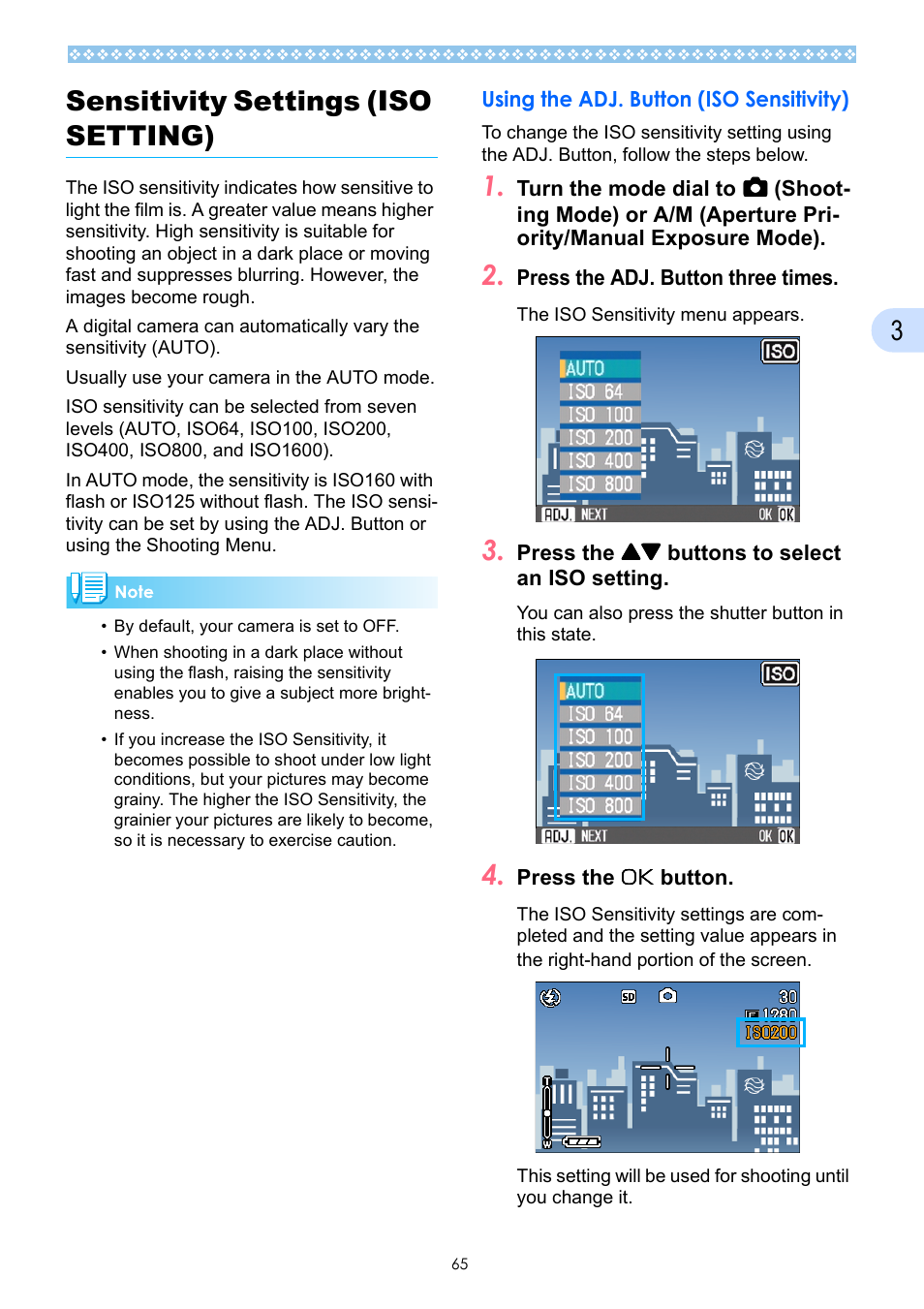 Sensitivity settings (iso setting), Using the adj. button (iso sensitivity), P.65 | 65). p, 3sensitivity settings (iso setting) | Ricoh Caplio GX User Manual | Page 65 / 194