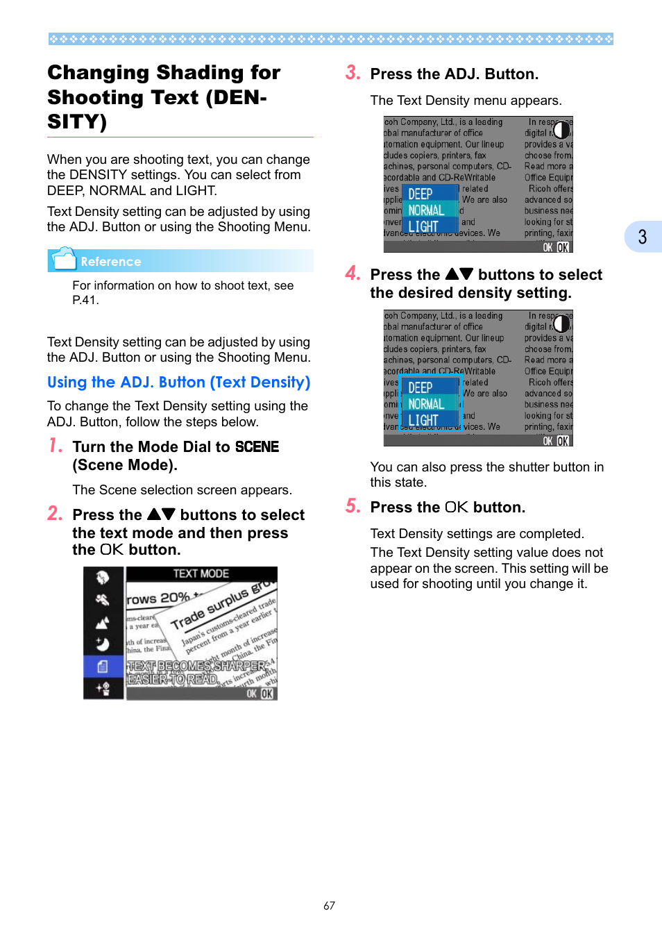 Changing shading for shooting text (density), Using the adj. button (text density), Changing shading for shooting text (density) 67 | P.67, De, see p.67, 3changing shading for shooting text (den- sity) | Ricoh Caplio GX User Manual | Page 67 / 194