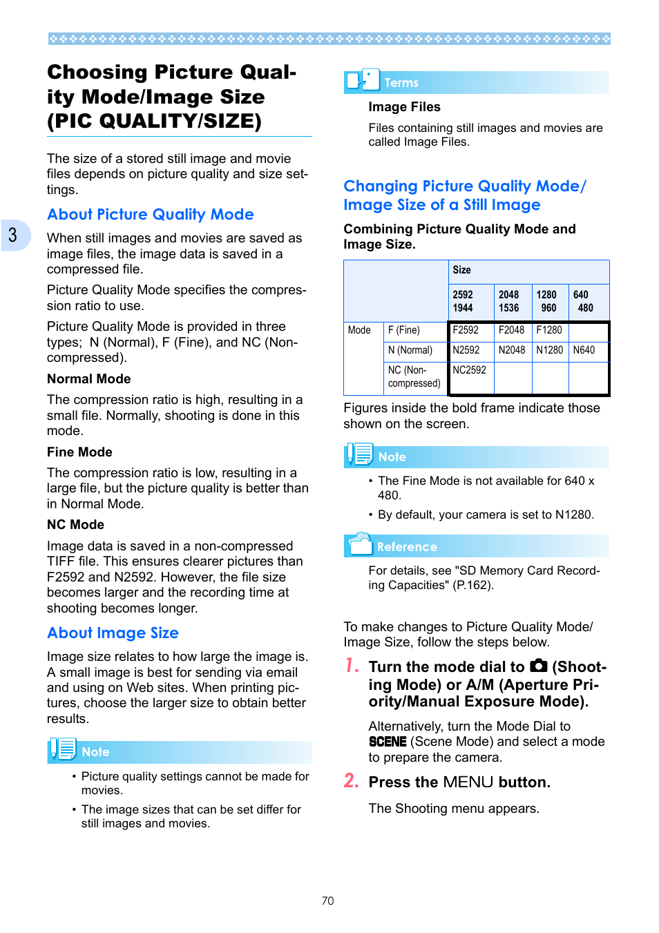 About picture quality mode, About image size, P.70 | E p.70 | Ricoh Caplio GX User Manual | Page 70 / 194