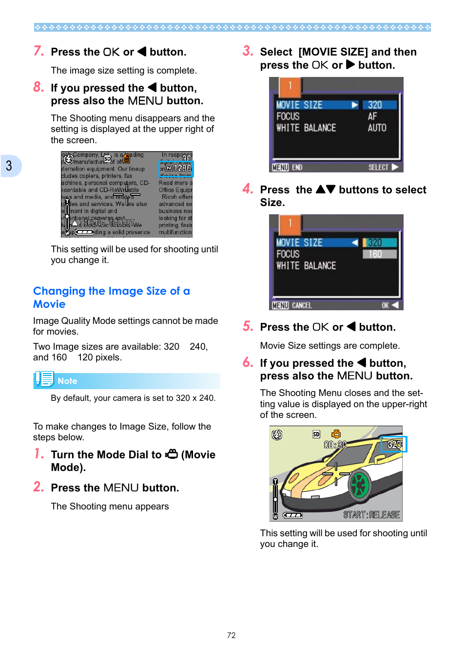 Changing the image size of a movie, P.72 | Ricoh Caplio GX User Manual | Page 72 / 194