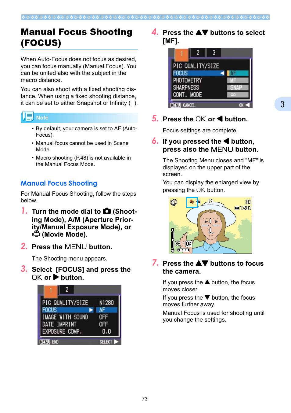 Manual focus shooting (focus), Manual focus shooting, P.73 | 3manual focus shooting (focus) | Ricoh Caplio GX User Manual | Page 73 / 194