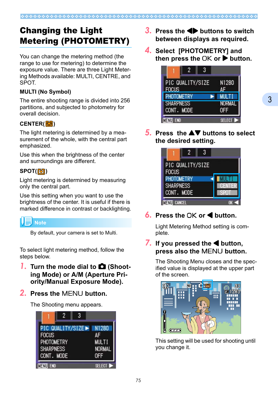 Changing the light metering (photometry), P.75, 3changing the light metering (photometry) | Ricoh Caplio GX User Manual | Page 75 / 194