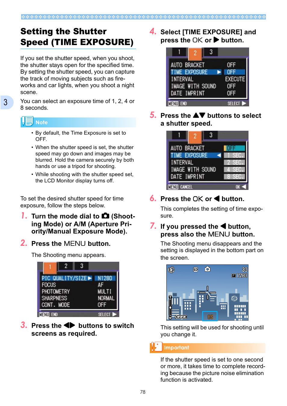 Setting the shutter speed (time exposure), P.78, P.78) | 3setting the shutter speed (time exposure) | Ricoh Caplio GX User Manual | Page 78 / 194