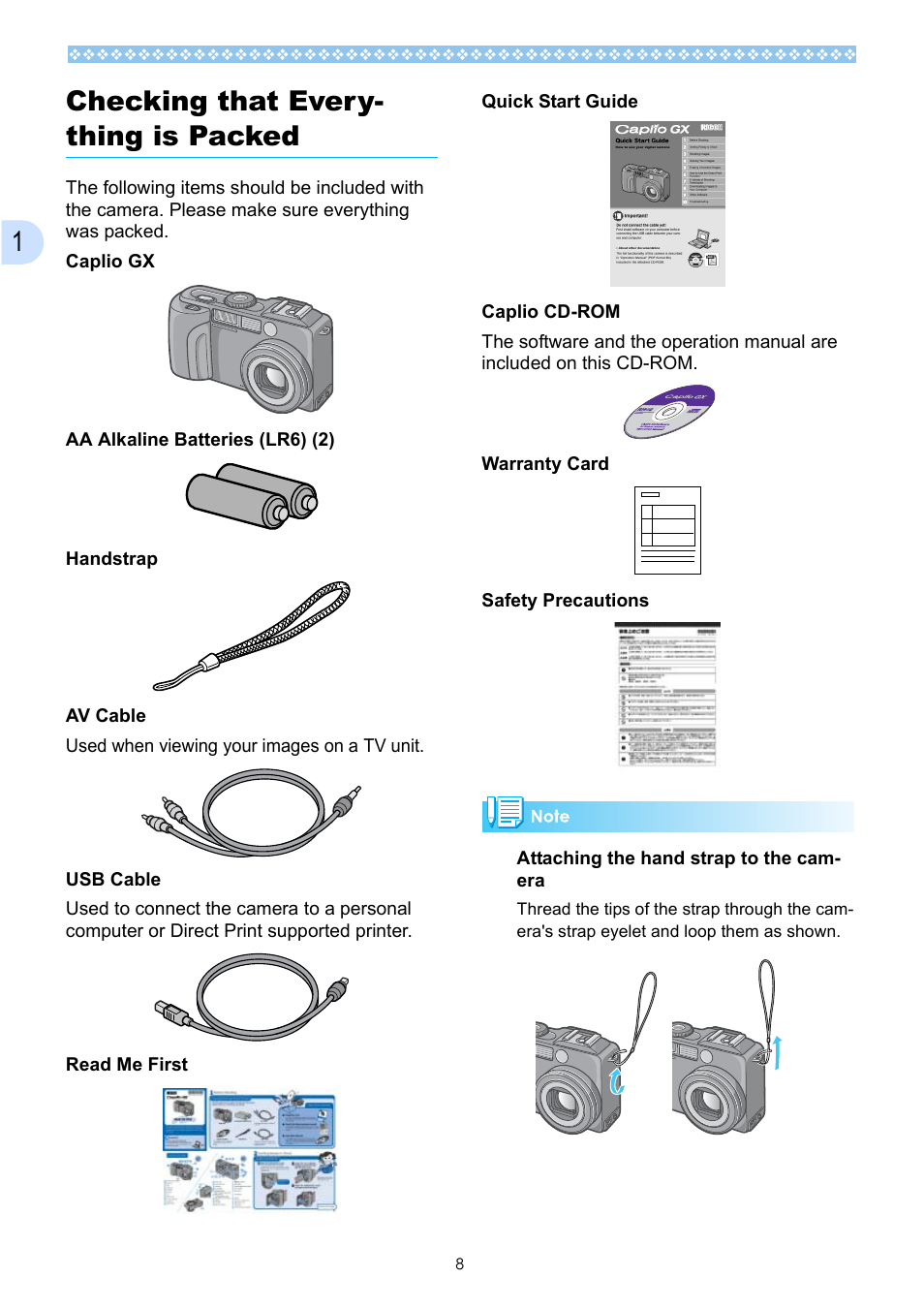 Checking that everything is packed, 1checking that every- thing is packed | Ricoh Caplio GX User Manual | Page 8 / 194