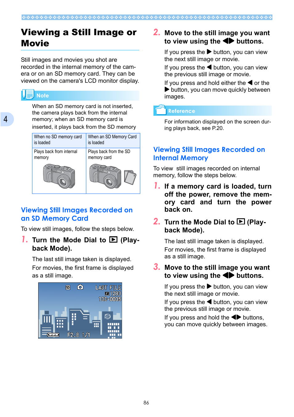 Viewing a still image or movie, Viewing still images recorded on an sd memory card, Viewing still images recorded on internal memory | P.86, Movie (see p.86), See p.86), 4viewing a still image or movie | Ricoh Caplio GX User Manual | Page 86 / 194