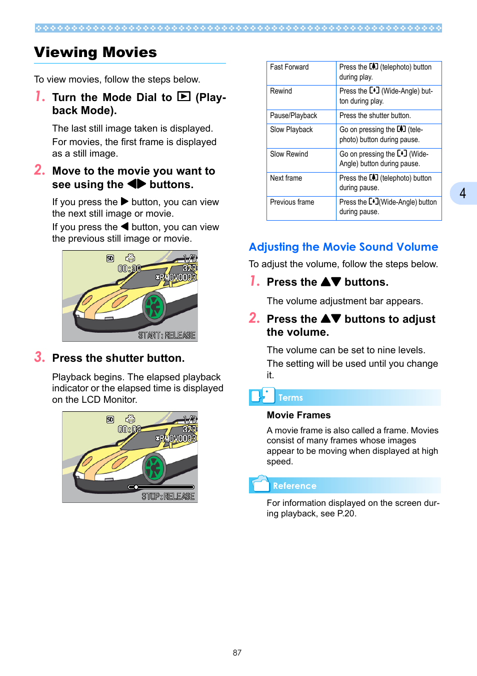 Viewing movies, Adjusting the movie sound volume, P.87 | See p.87, p, 4viewing movies | Ricoh Caplio GX User Manual | Page 87 / 194