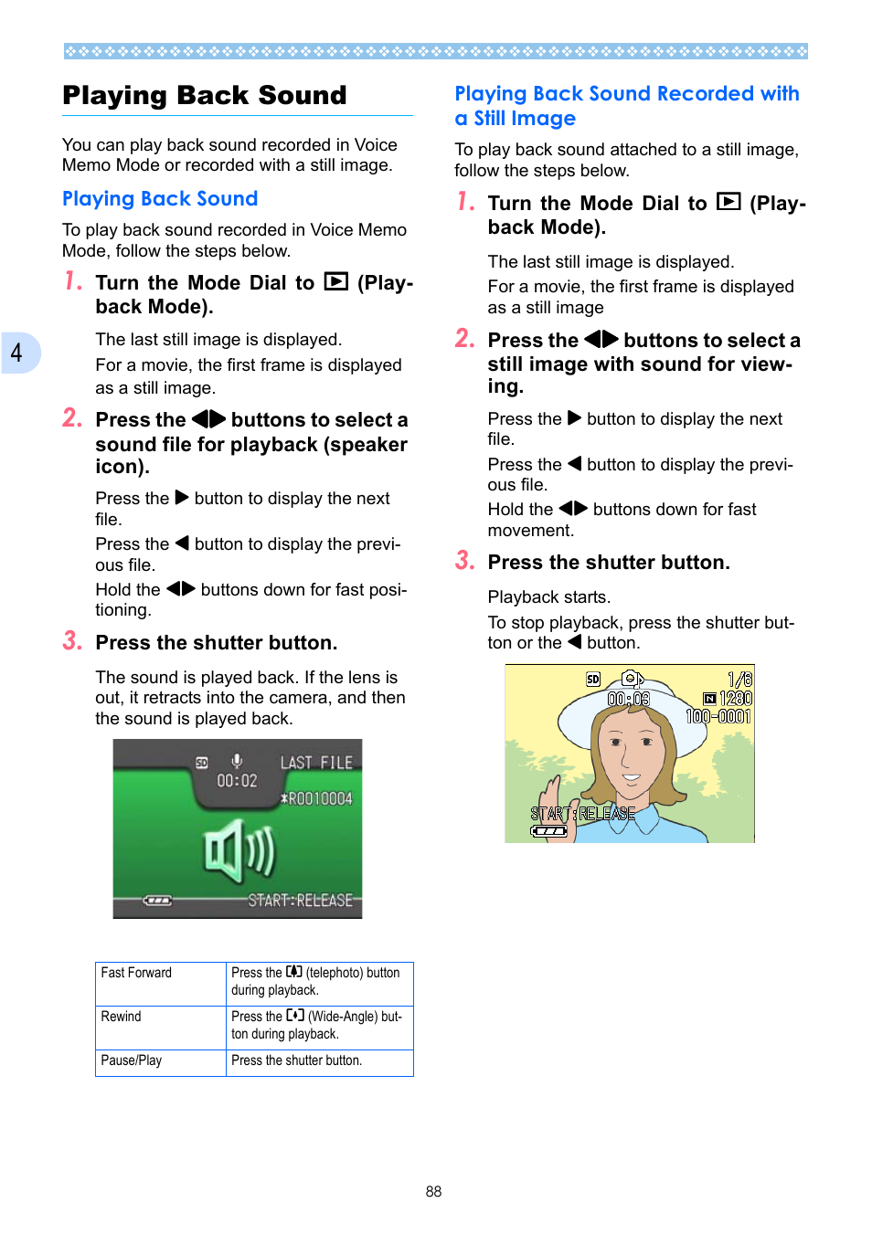 Playing back sound, Playing back sound recorded with a still image, P.88 | 4playing back sound | Ricoh Caplio GX User Manual | Page 88 / 194