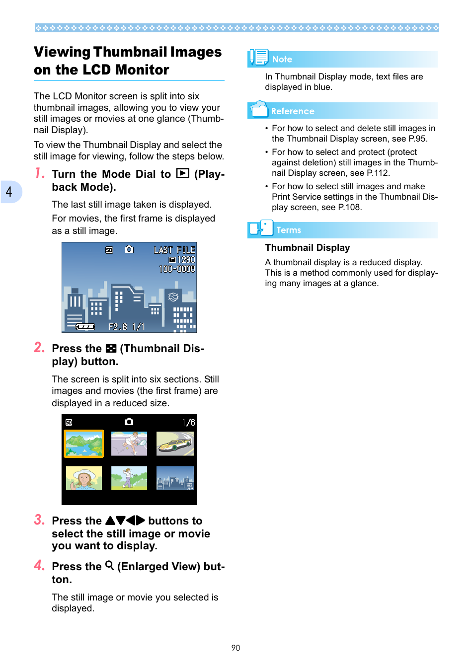 Viewing thumbnail images on the lcd monitor, Splay mode. (see p.90), Once) (see p.90) | 4viewing thumbnail images on the lcd monitor | Ricoh Caplio GX User Manual | Page 90 / 194