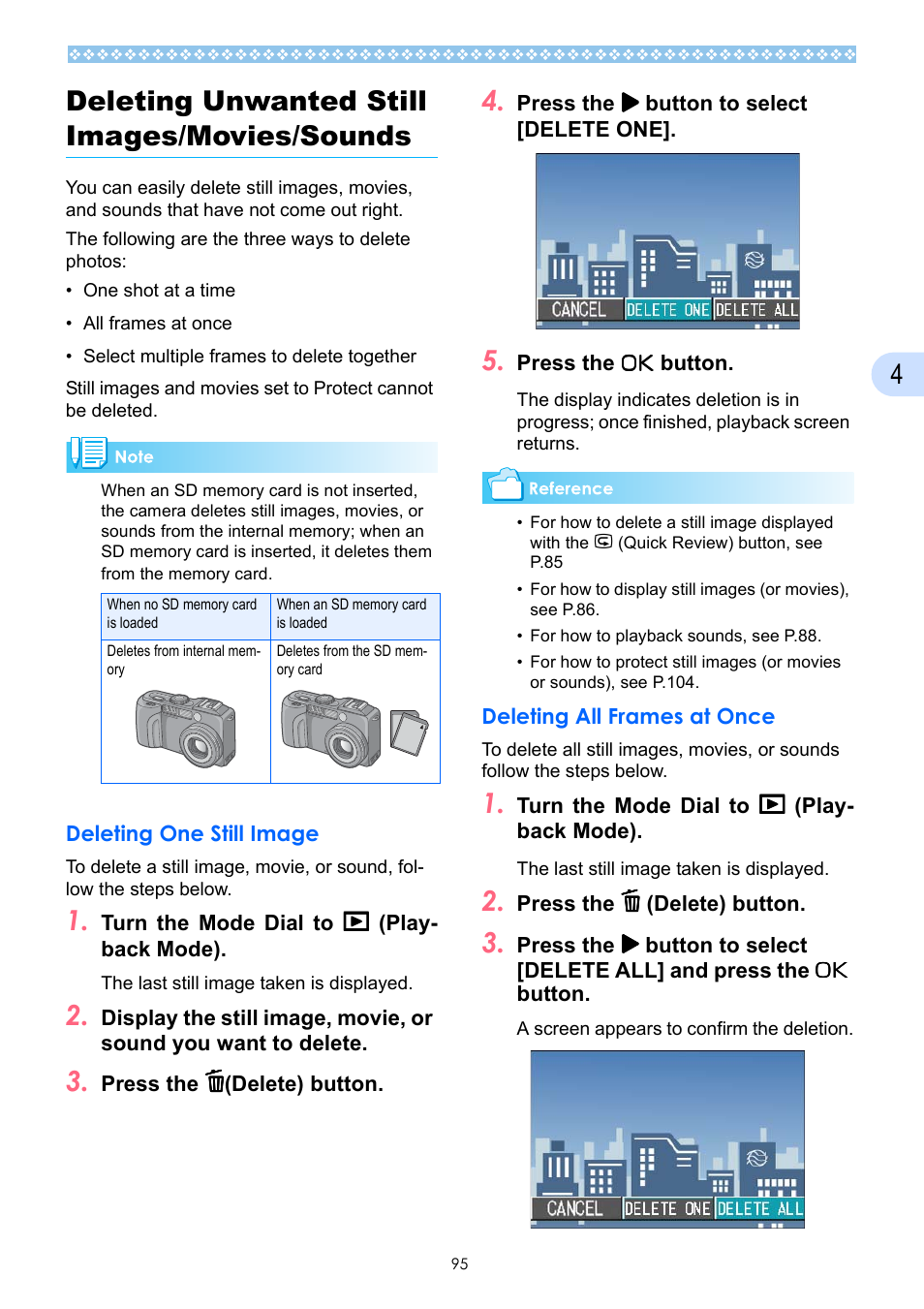 Deleting unwanted still images/movies/sounds, Deleting one still image, Deleting all frames at once | P.95, Ee p.95), 4deleting unwanted still images/movies/sounds | Ricoh Caplio GX User Manual | Page 95 / 194