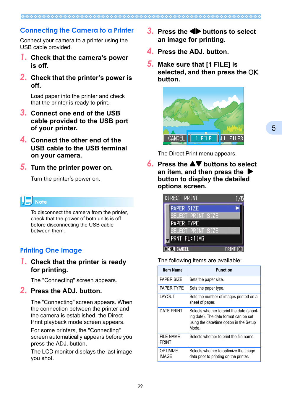 Connecting the camera to a printer, Printing one image | Ricoh Caplio GX User Manual | Page 99 / 194