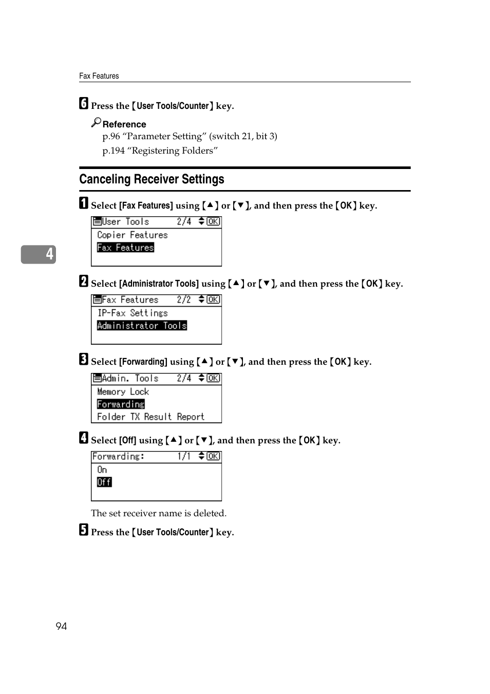Canceling receiver settings | Ricoh Aficio MP 161SPF User Manual | Page 102 / 304