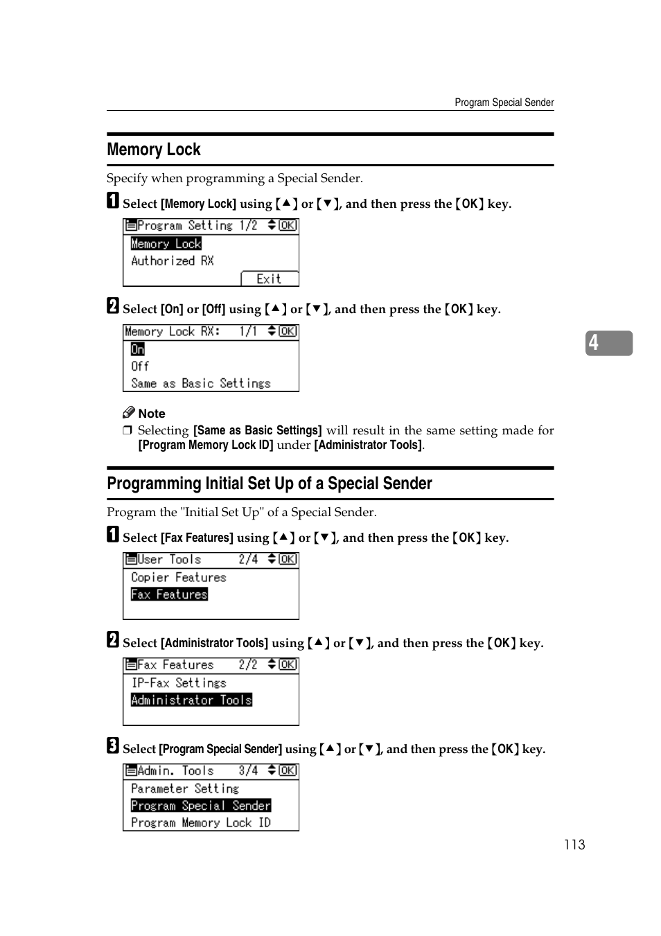 Memory lock, Programming initial set up of a special sender, P.113 “memory lock | Ricoh Aficio MP 161SPF User Manual | Page 121 / 304