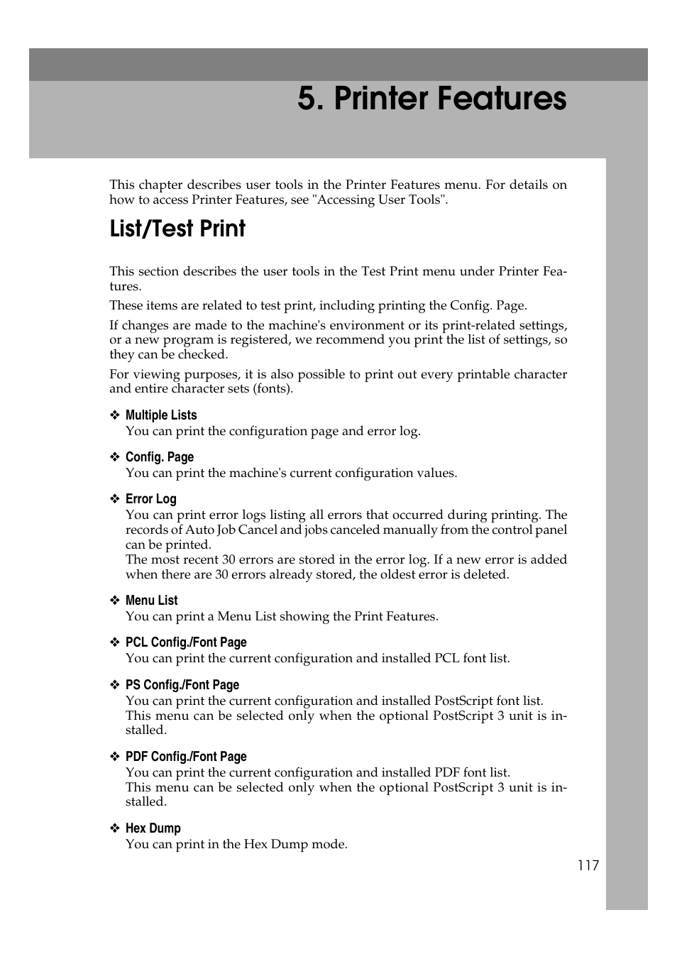  printer features, List/test print, Printer features | Ricoh Aficio MP 161SPF User Manual | Page 125 / 304