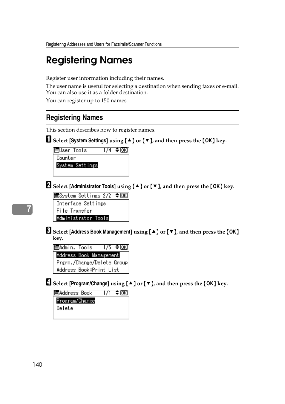 Registering names, P.140 “registering names, 7registering names | Ricoh Aficio MP 161SPF User Manual | Page 148 / 304