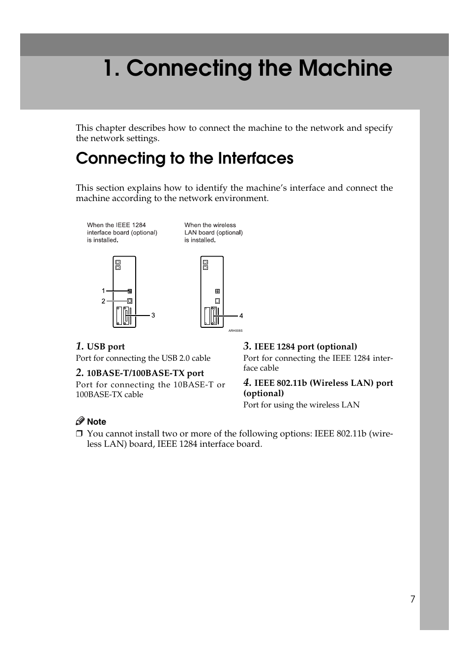  connecting the machine, Connecting to the interfaces, Connecting the machine | Ricoh Aficio MP 161SPF User Manual | Page 15 / 304