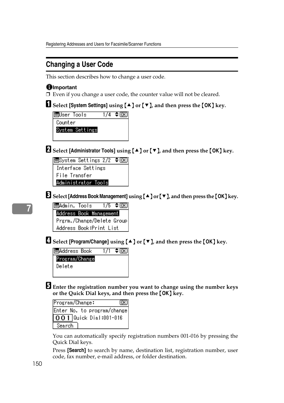 Changing a user code | Ricoh Aficio MP 161SPF User Manual | Page 158 / 304