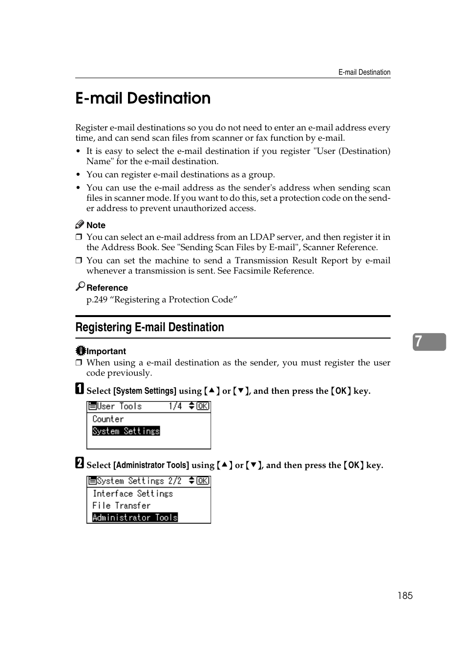 E-mail destination, Registering e-mail destination, P.185 “e-mail destination | 7e-mail destination | Ricoh Aficio MP 161SPF User Manual | Page 193 / 304
