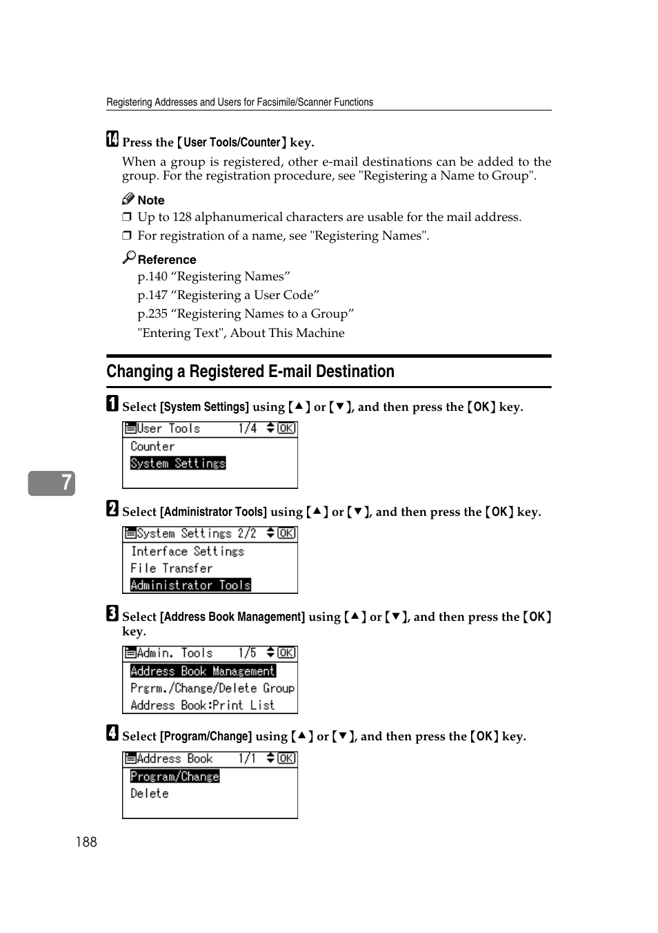 Changing a registered e-mail destination | Ricoh Aficio MP 161SPF User Manual | Page 196 / 304