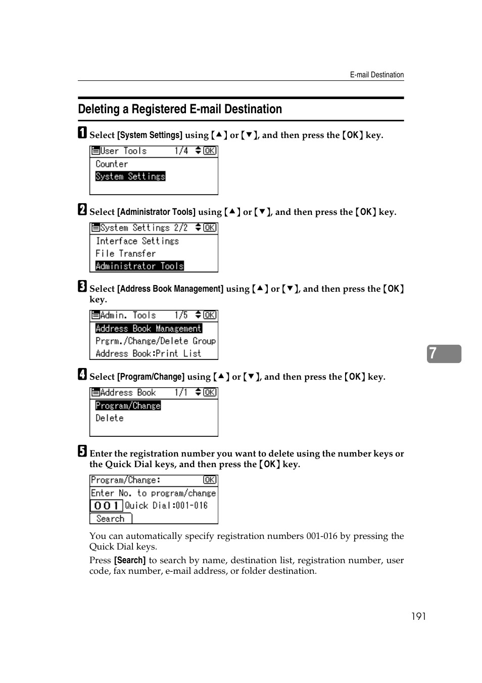 Deleting a registered e-mail destination | Ricoh Aficio MP 161SPF User Manual | Page 199 / 304