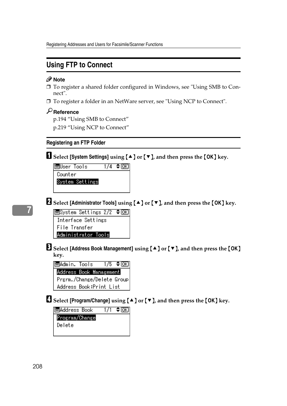 Using ftp to connect, Registering an ftp folder | Ricoh Aficio MP 161SPF User Manual | Page 216 / 304