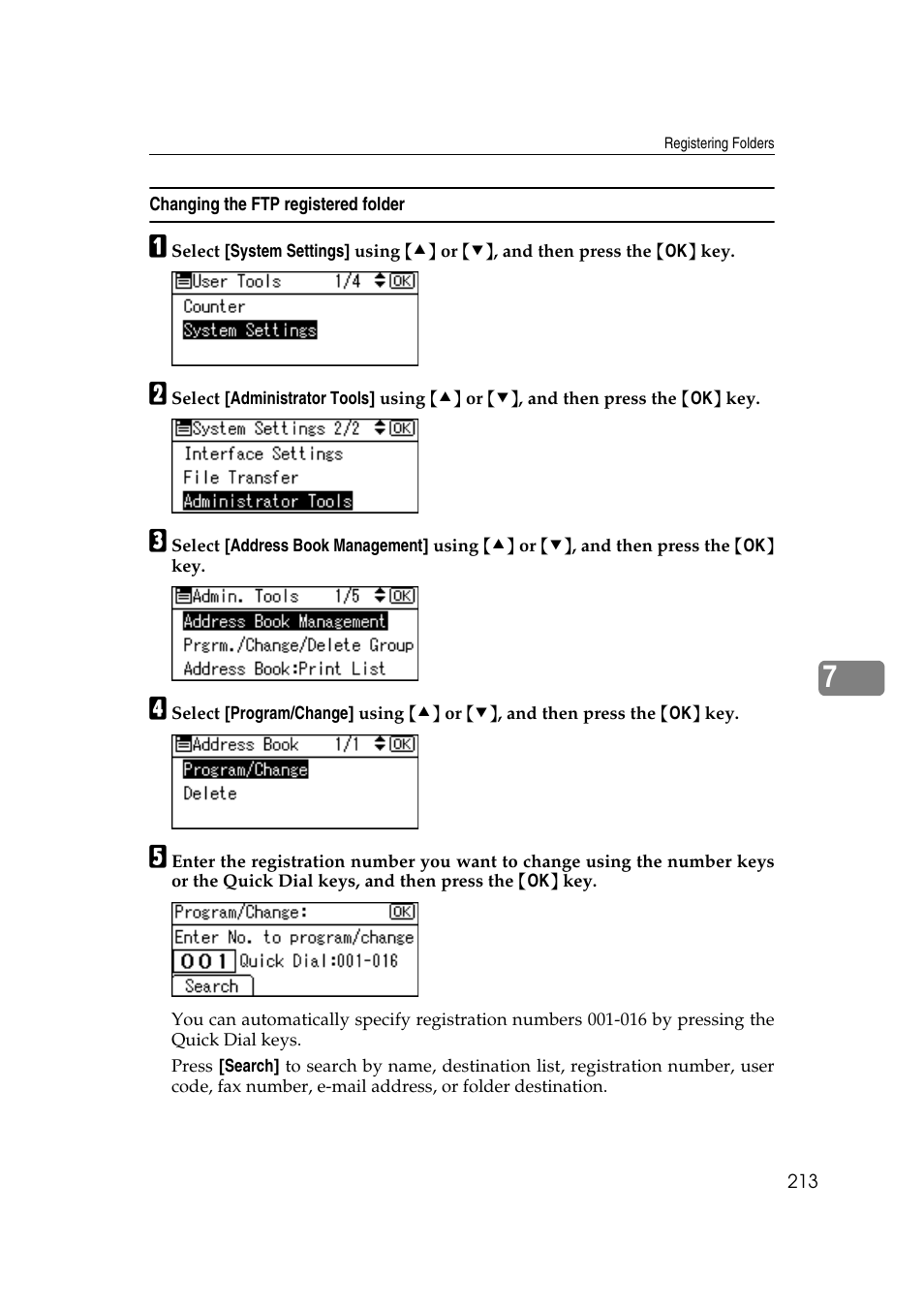 Changing the ftp registered folder | Ricoh Aficio MP 161SPF User Manual | Page 221 / 304