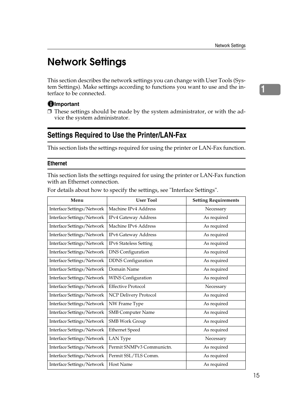 Network settings, Settings required to use the printer/lan-fax, Ethernet | 1network settings | Ricoh Aficio MP 161SPF User Manual | Page 23 / 304