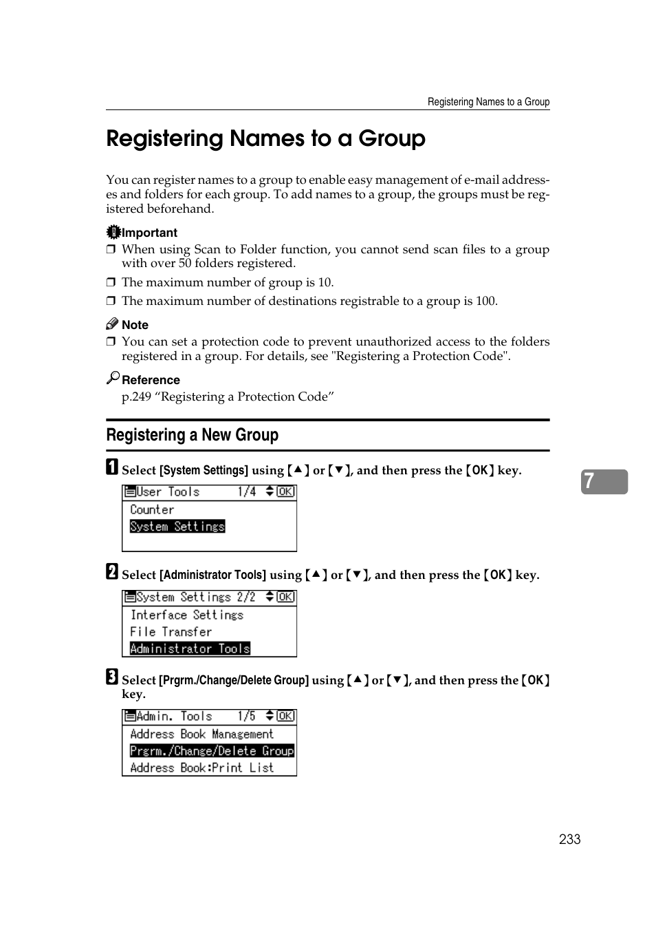 Registering names to a group, Registering a new group, P.233 “registering names to a group | 7registering names to a group | Ricoh Aficio MP 161SPF User Manual | Page 241 / 304
