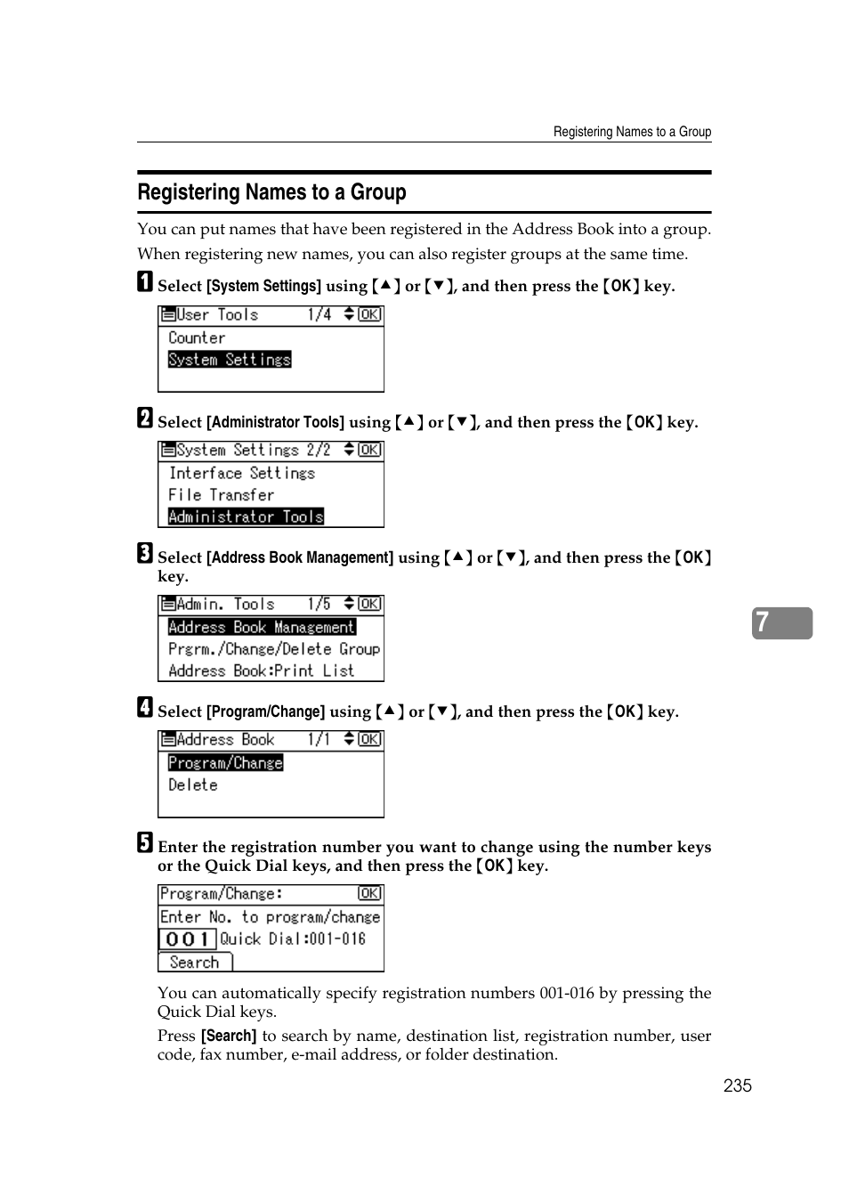 Registering names to a group, P.235 “registering names to a group | Ricoh Aficio MP 161SPF User Manual | Page 243 / 304