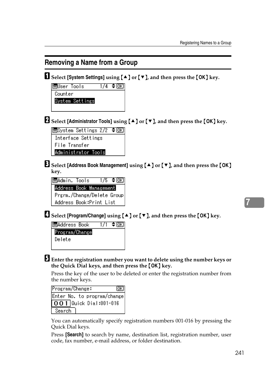 Removing a name from a group | Ricoh Aficio MP 161SPF User Manual | Page 249 / 304