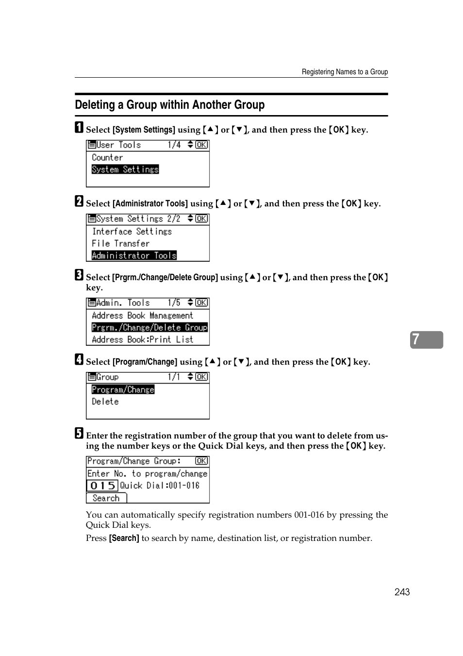 Deleting a group within another group | Ricoh Aficio MP 161SPF User Manual | Page 251 / 304