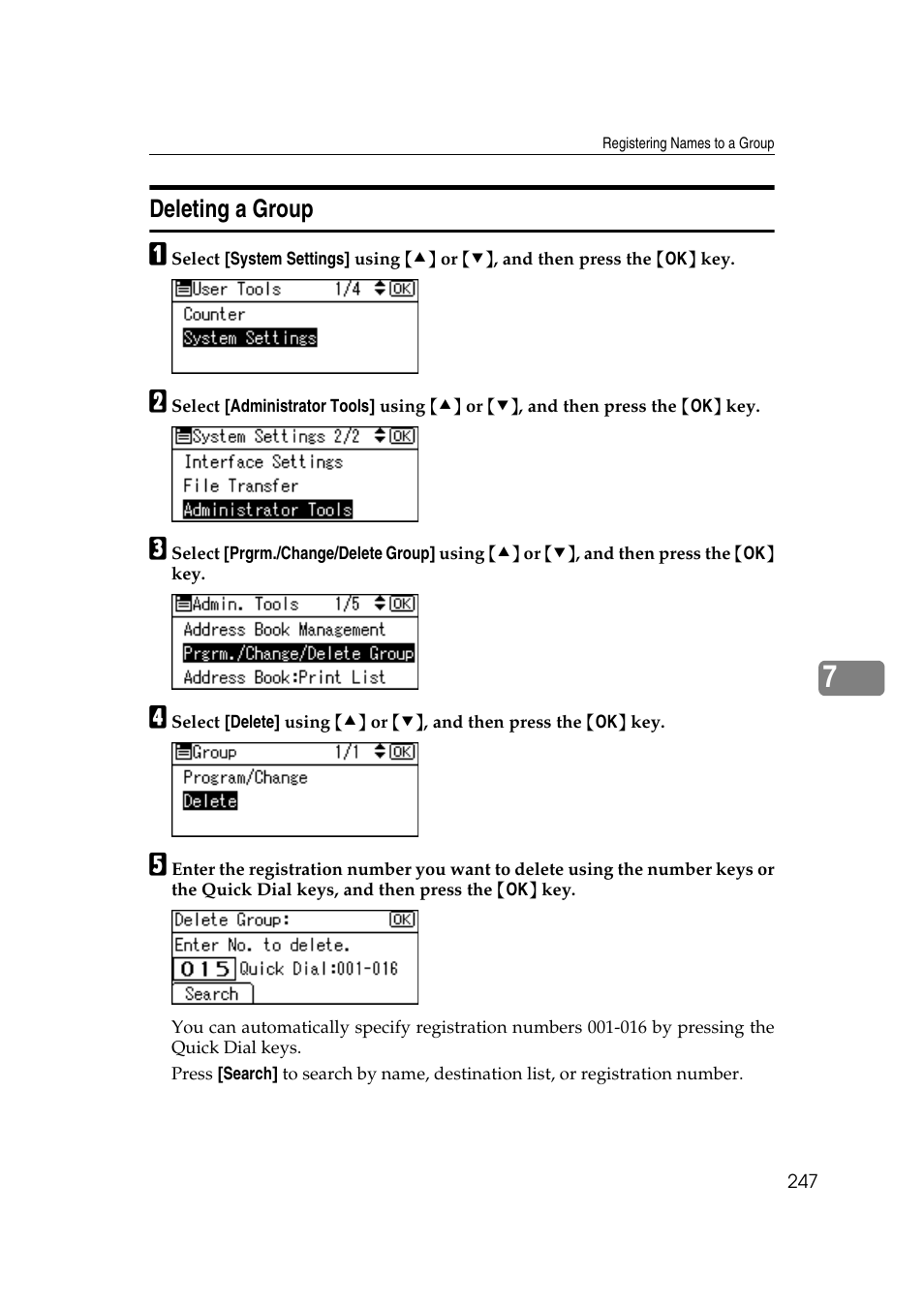 Deleting a group | Ricoh Aficio MP 161SPF User Manual | Page 255 / 304