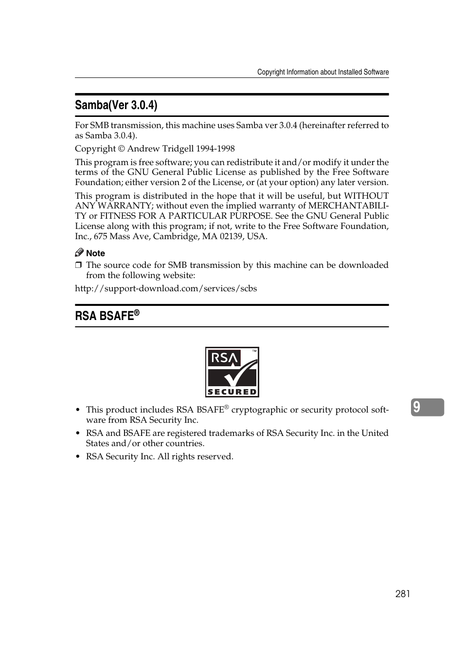 Samba(ver 3.0.4), Rsa bsafe | Ricoh Aficio MP 161SPF User Manual | Page 289 / 304