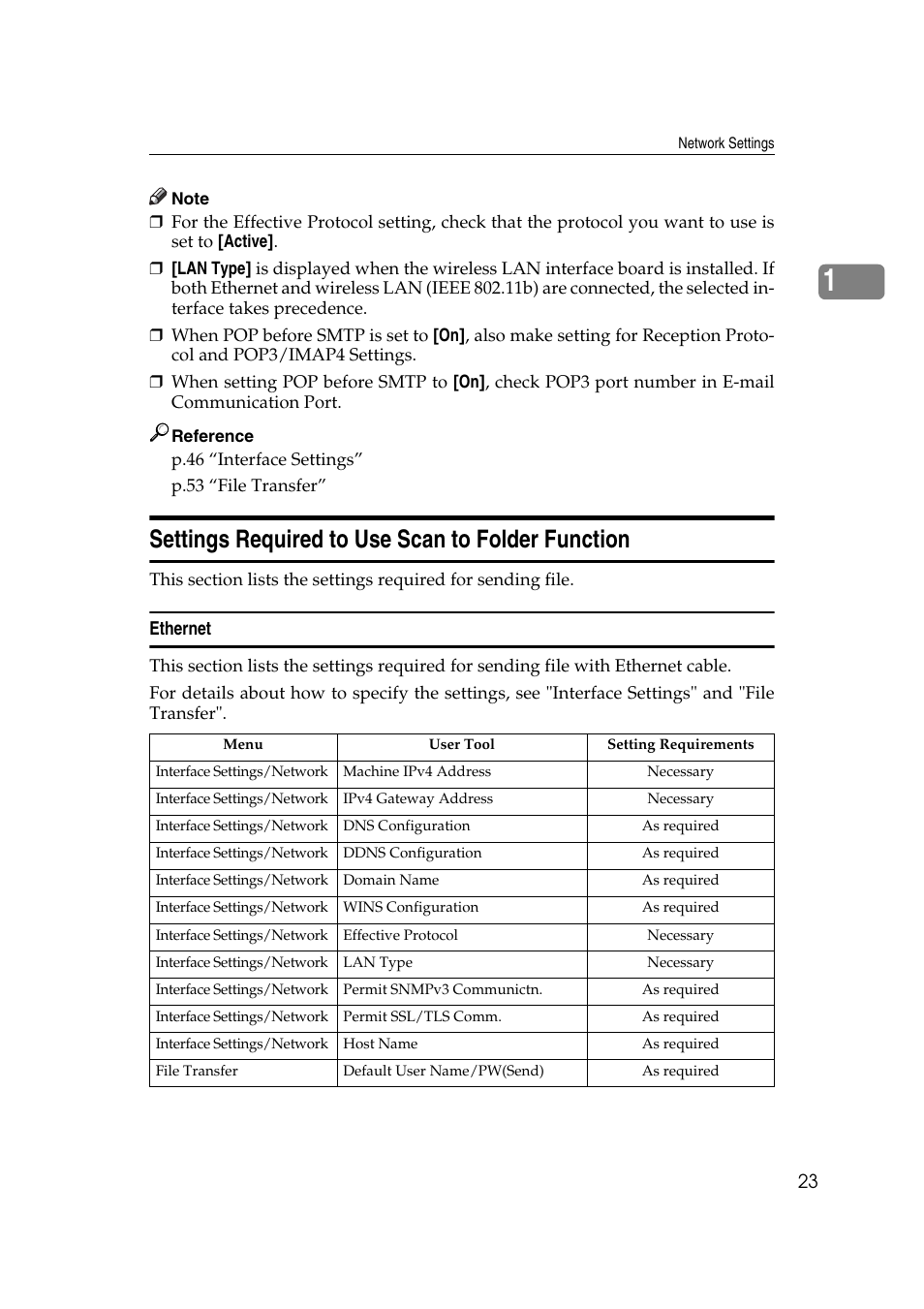 Settings required to use scan to folder function, Ethernet | Ricoh Aficio MP 161SPF User Manual | Page 31 / 304