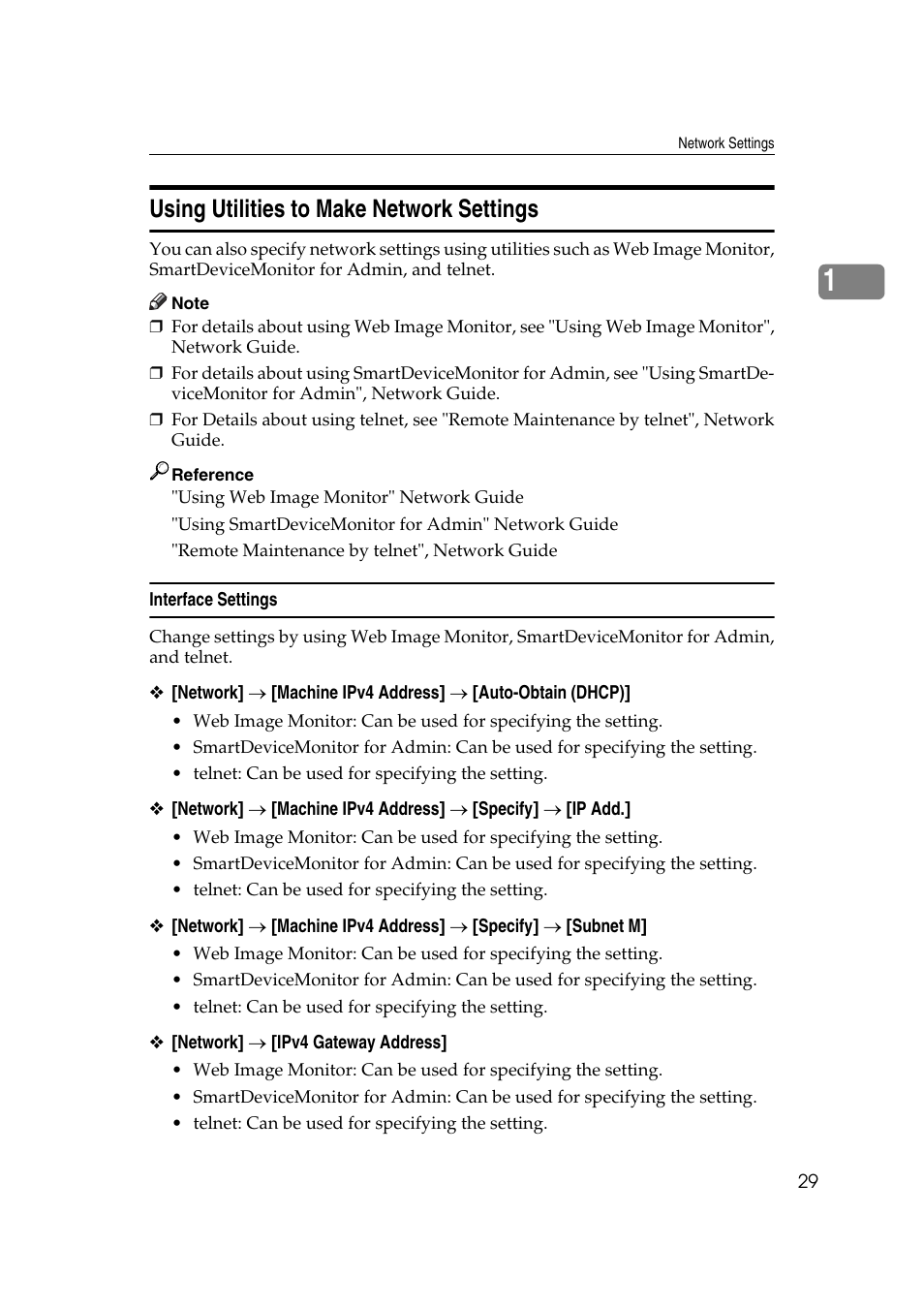 Using utilities to make network settings, Interface settings, P.29 “using utilities to make network settings | Ricoh Aficio MP 161SPF User Manual | Page 37 / 304