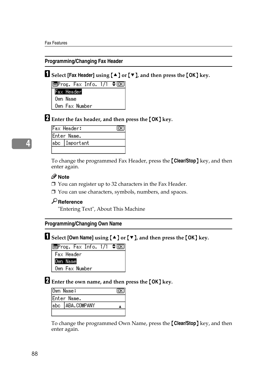 Programming/changing fax header, Programming/changing own name | Ricoh Aficio MP 161SPF User Manual | Page 96 / 304