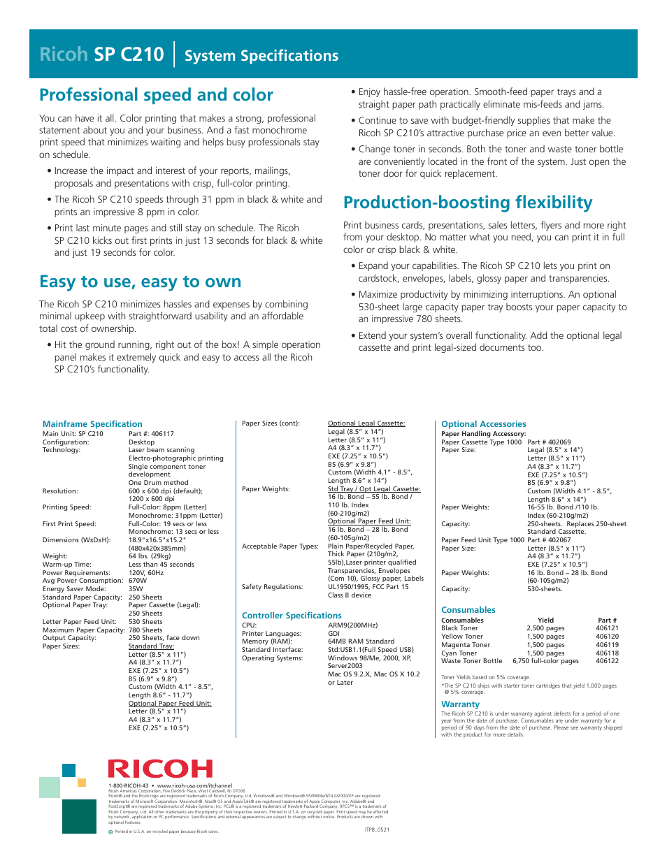 Ricoh sp c210, Professional speed and color, Easy to use, easy to own | Production-boosting flexibility, System specifications | Ricoh Aficio SP C210 User Manual | Page 2 / 2