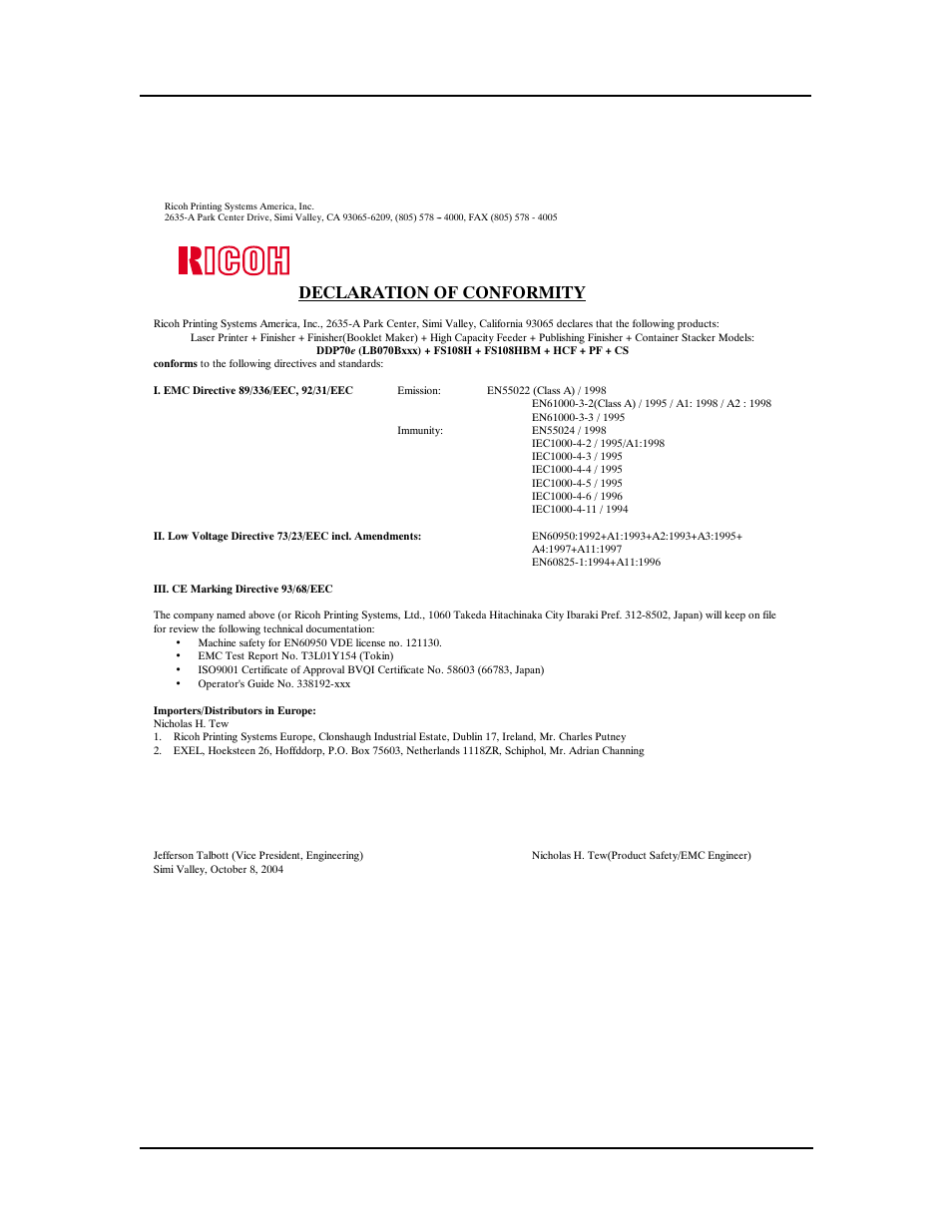 Declaration of conformity, 70 ppm, A-4 safety information | Ricoh DDP 70e User Manual | Page 110 / 166