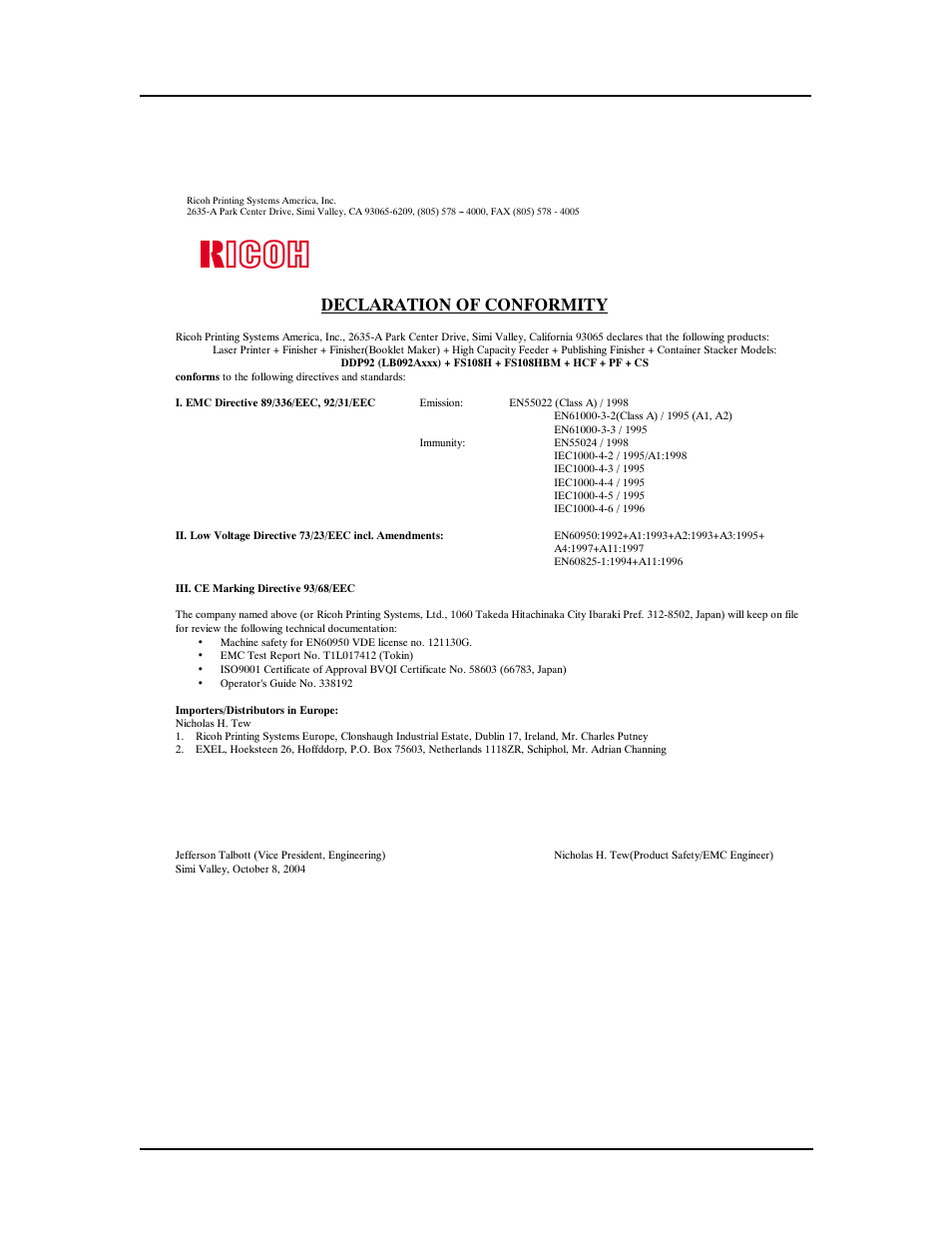 92 ppm, Declaration of conformity, Safety information a-5 | Ricoh DDP 70e User Manual | Page 111 / 166