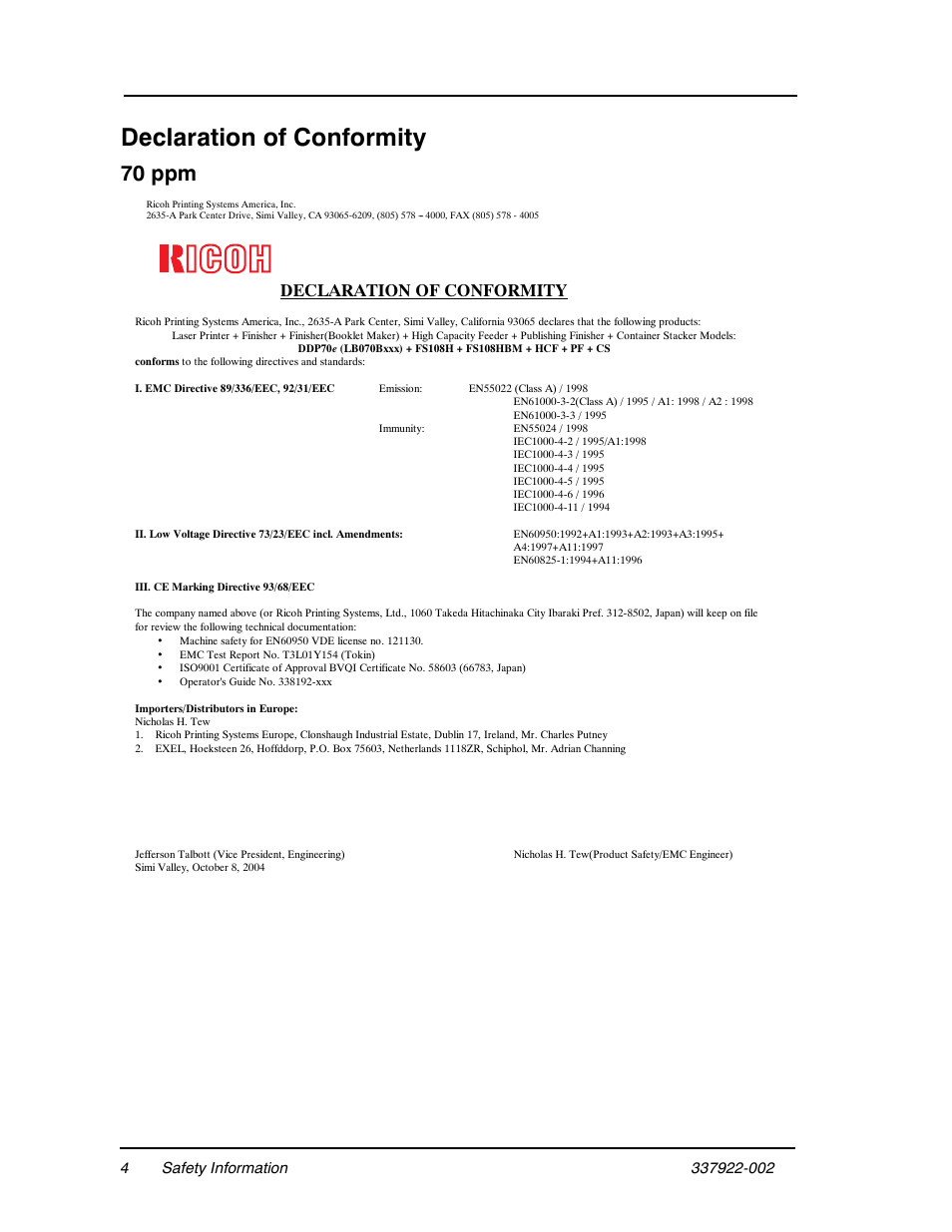 Declaration of conformity, 70 ppm | Ricoh DDP 70e User Manual | Page 156 / 166