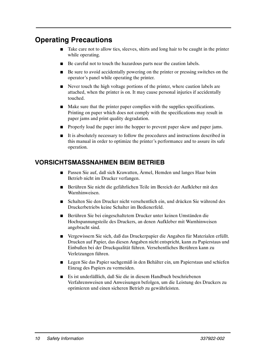 Operating precautions, Vorsichtsmassnahmen beim betrieb | Ricoh DDP 70e User Manual | Page 162 / 166