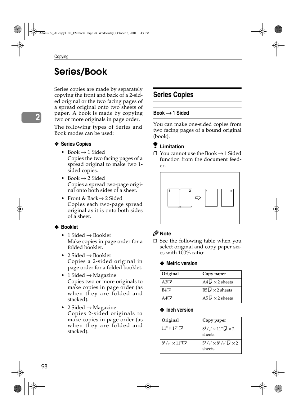 Series/book, Series copies, 2series/book | Ricoh AFICIO 1035 User Manual | Page 112 / 264