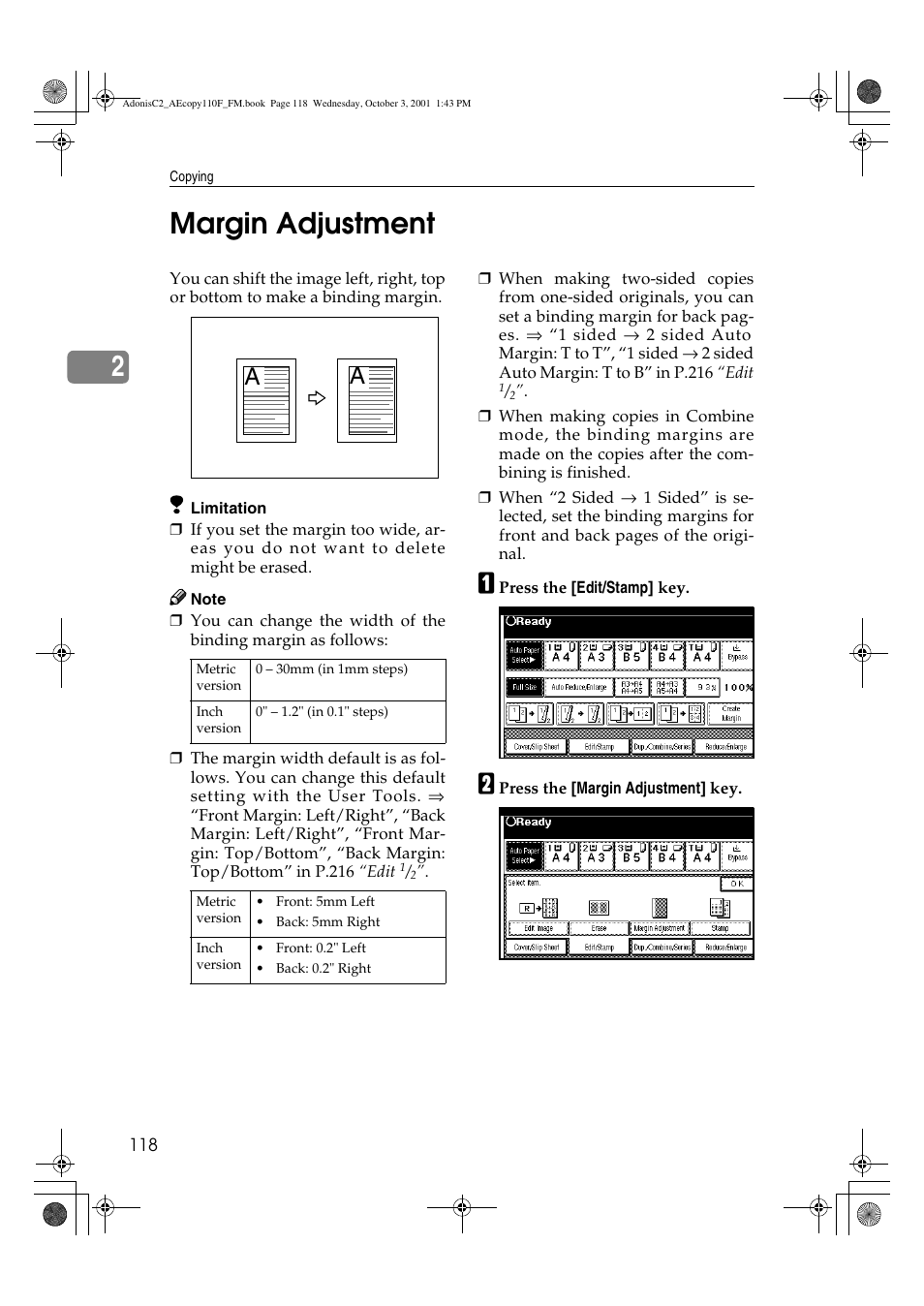 Margin adjustment, 2margin adjustment | Ricoh AFICIO 1035 User Manual | Page 132 / 264