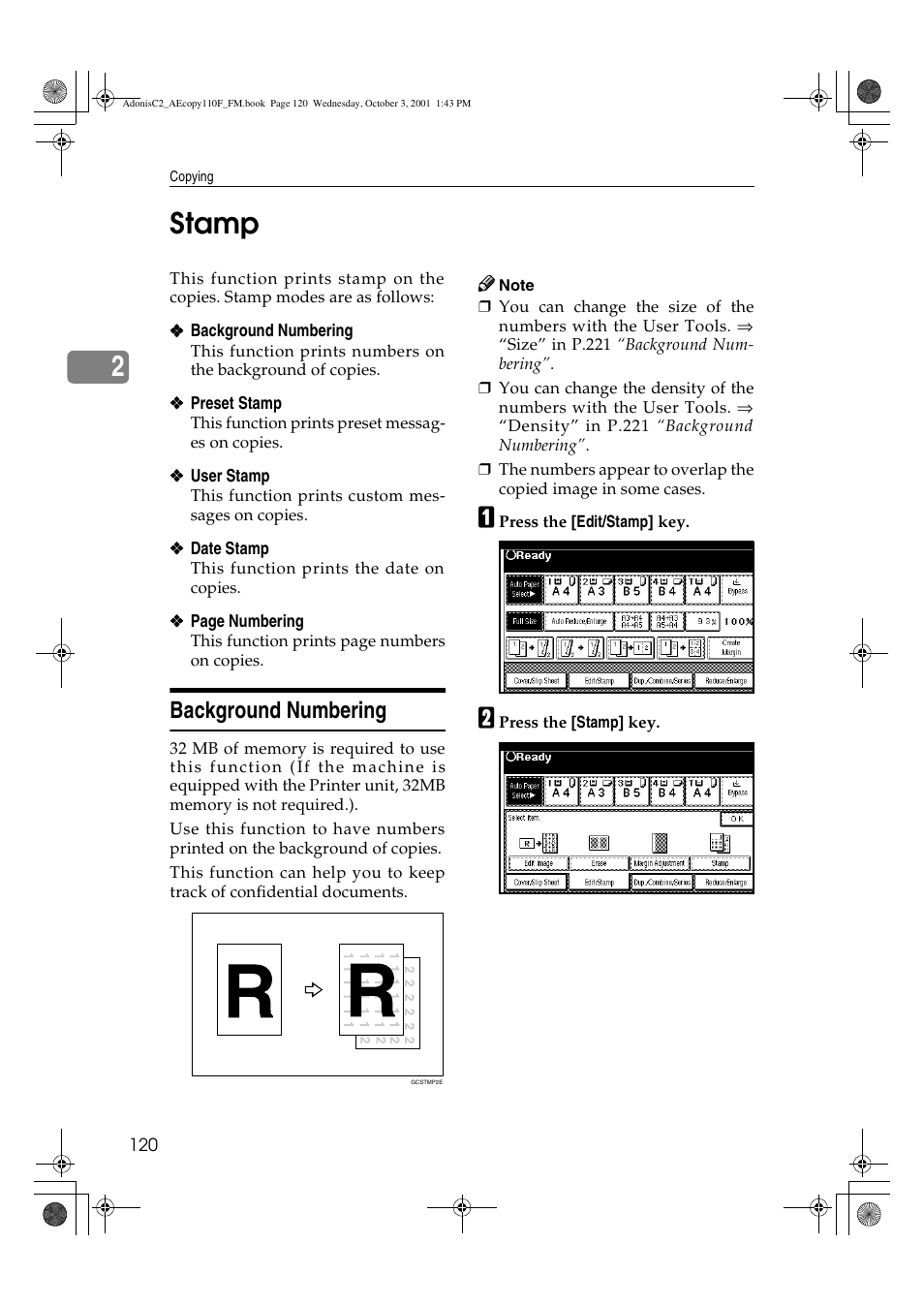 Stamp, Background numbering, 2stamp | Ricoh AFICIO 1035 User Manual | Page 134 / 264
