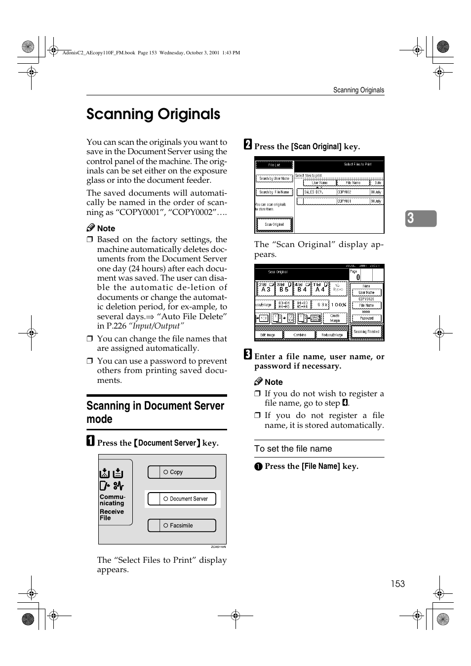 Scanning originals, Scanning in document server mode, 3scanning originals | Ricoh AFICIO 1035 User Manual | Page 167 / 264