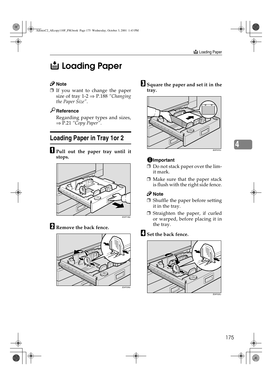 Loading paper, Loading paper in tray 1or 2, 4b loading paper | Ricoh AFICIO 1035 User Manual | Page 189 / 264