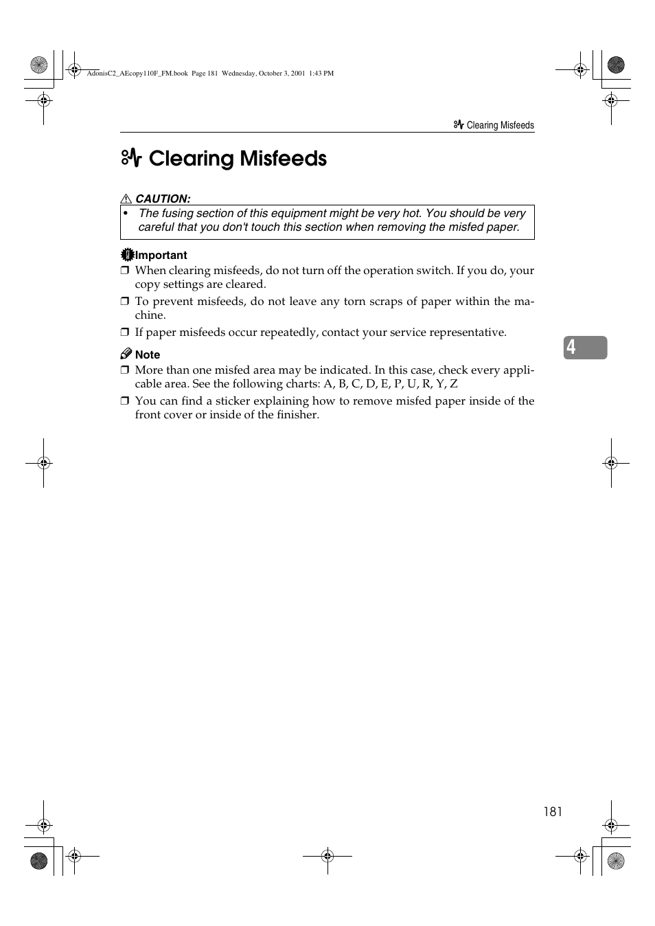 Clearing misfeeds, 4x clearing misfeeds | Ricoh AFICIO 1035 User Manual | Page 195 / 264