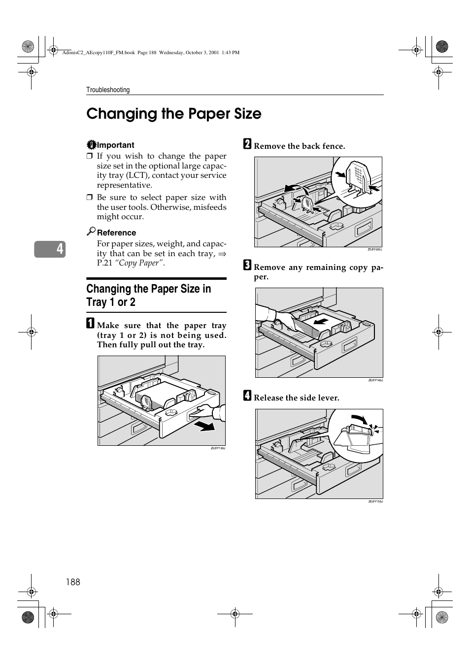Changing the paper size, Changing the paper size in tray 1 or 2, 4changing the paper size | Ricoh AFICIO 1035 User Manual | Page 202 / 264