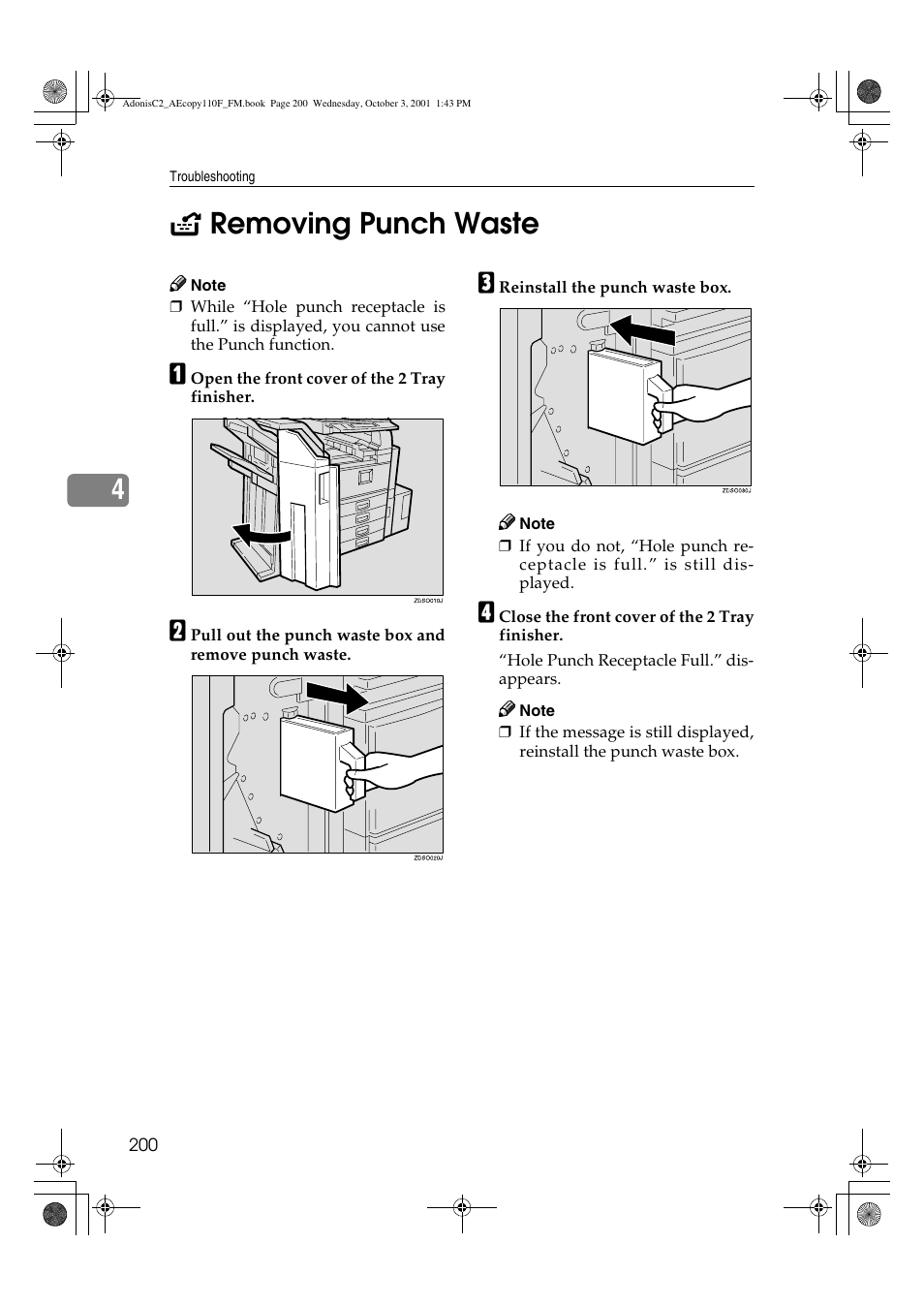 Removing punch waste, 4y removing punch waste | Ricoh AFICIO 1035 User Manual | Page 214 / 264