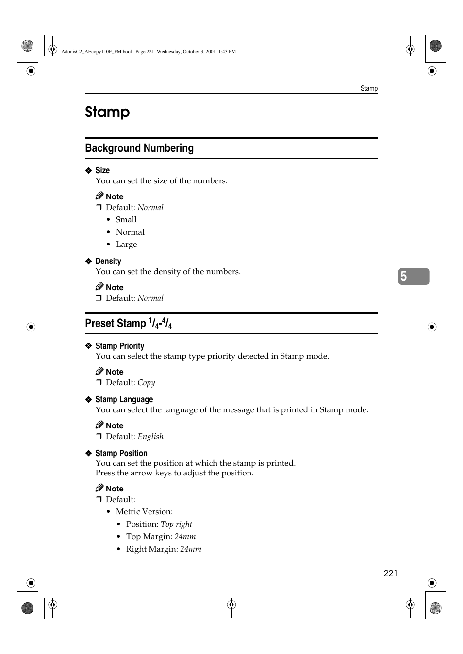 Stamp, Background numbering, Preset stamp | 5stamp | Ricoh AFICIO 1035 User Manual | Page 235 / 264